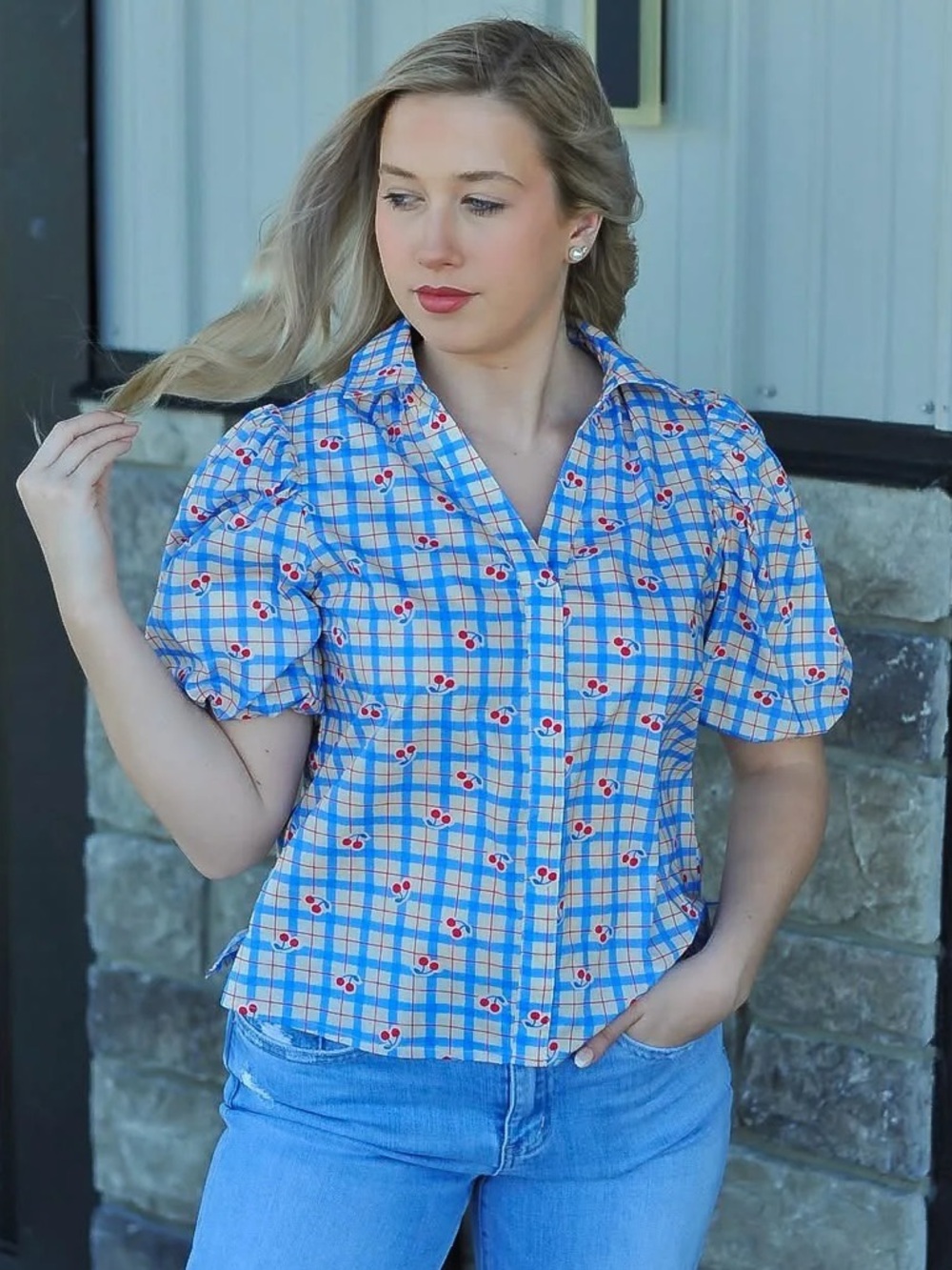 Pinch Cherry Print Blouse Blue Plaid Puff Sleeve Button Front Top Small Cute